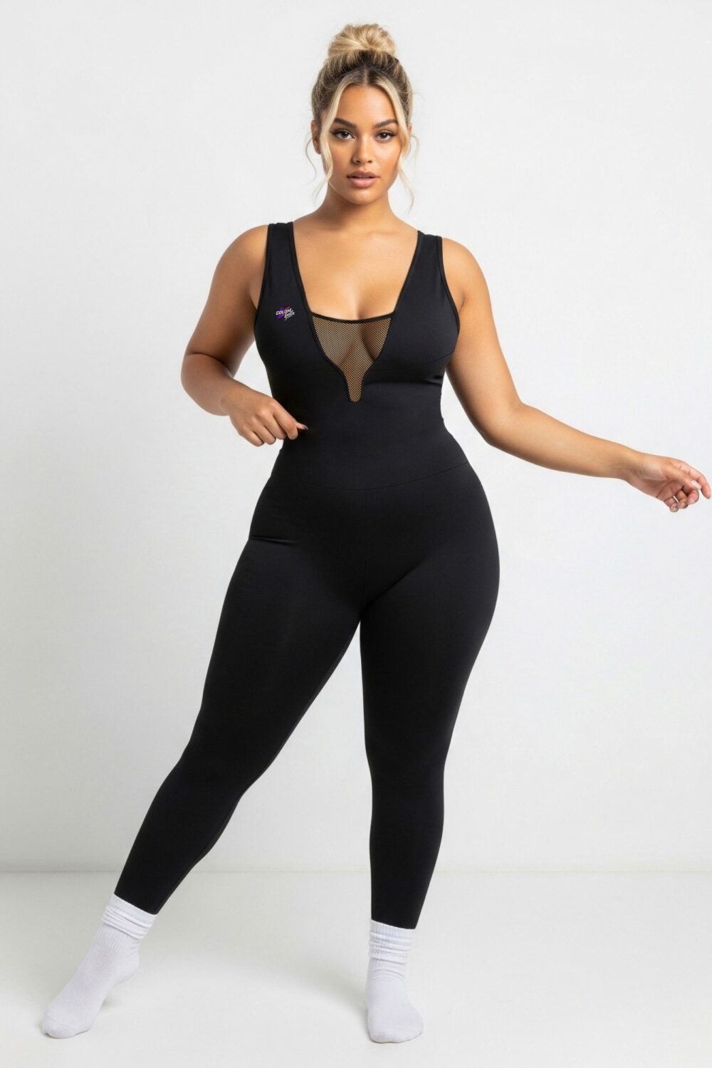 Enterizo negro Coqueta V-Mesh con escote en V y detalle de malla, tirantes cruzados y pierna larga.