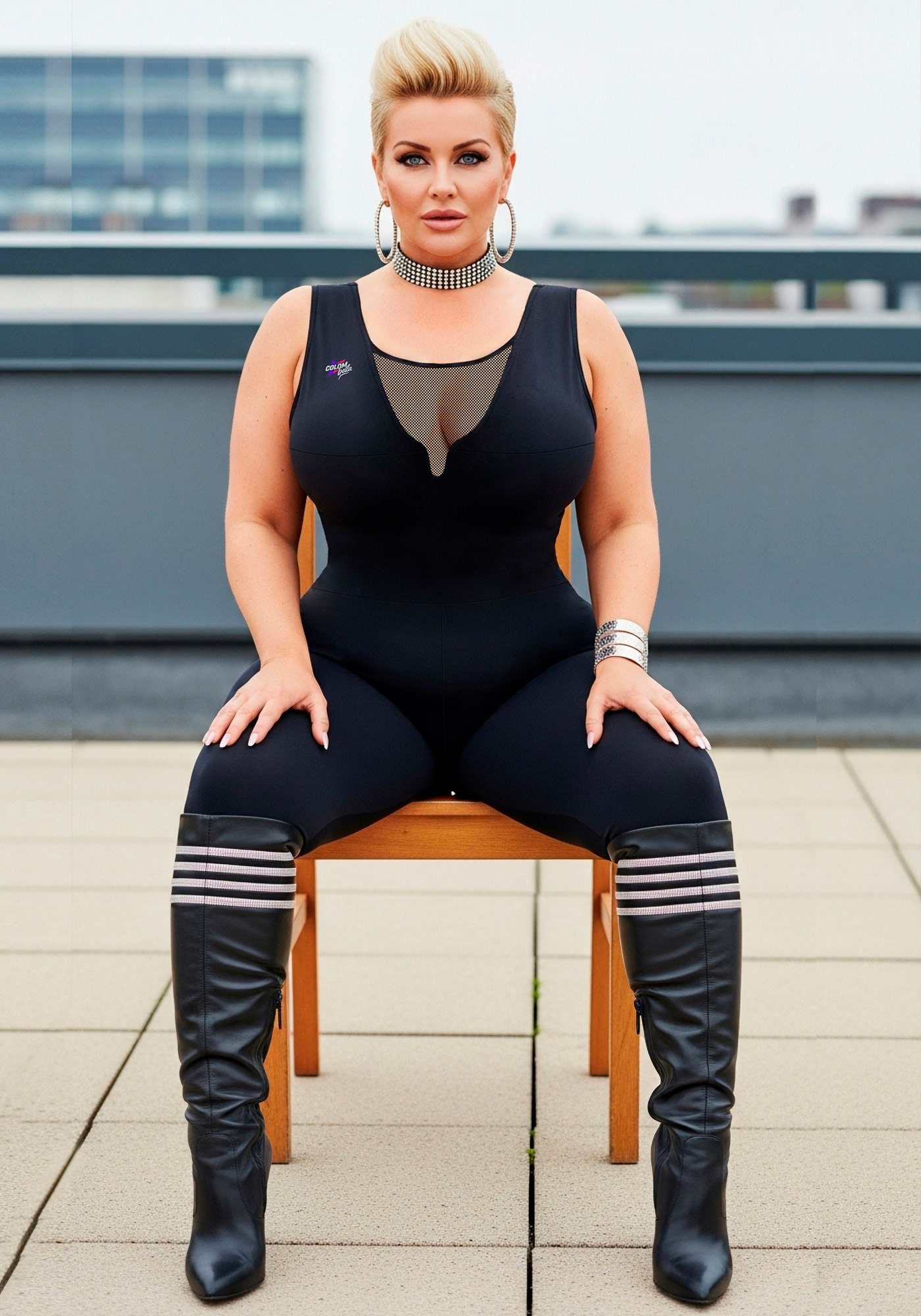 Enterizo negro Coqueta V-Mesh con escote en V y detalle de malla, tirantes cruzados y pierna larga.