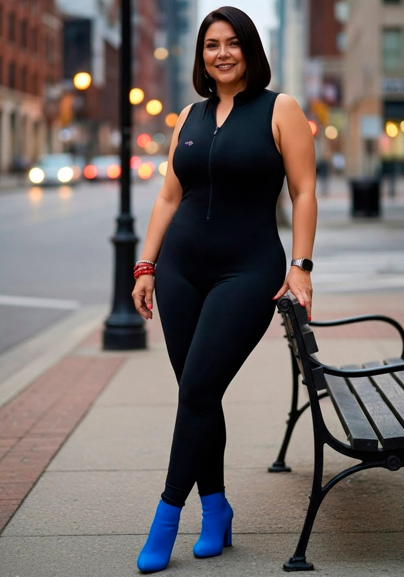 Enterizo negro Encanto ZipSleeveless con manga sisa, pierna larga y cierre frontal.